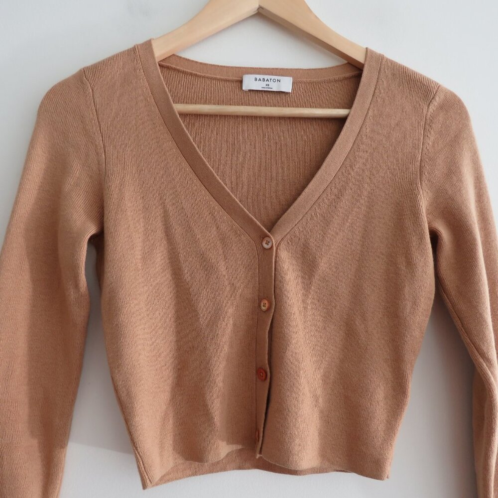 ARITZIA BABATON Georgia Cropped Wool Blend Cardigan in Camel Tan - Size XS - Picture 3 of 15